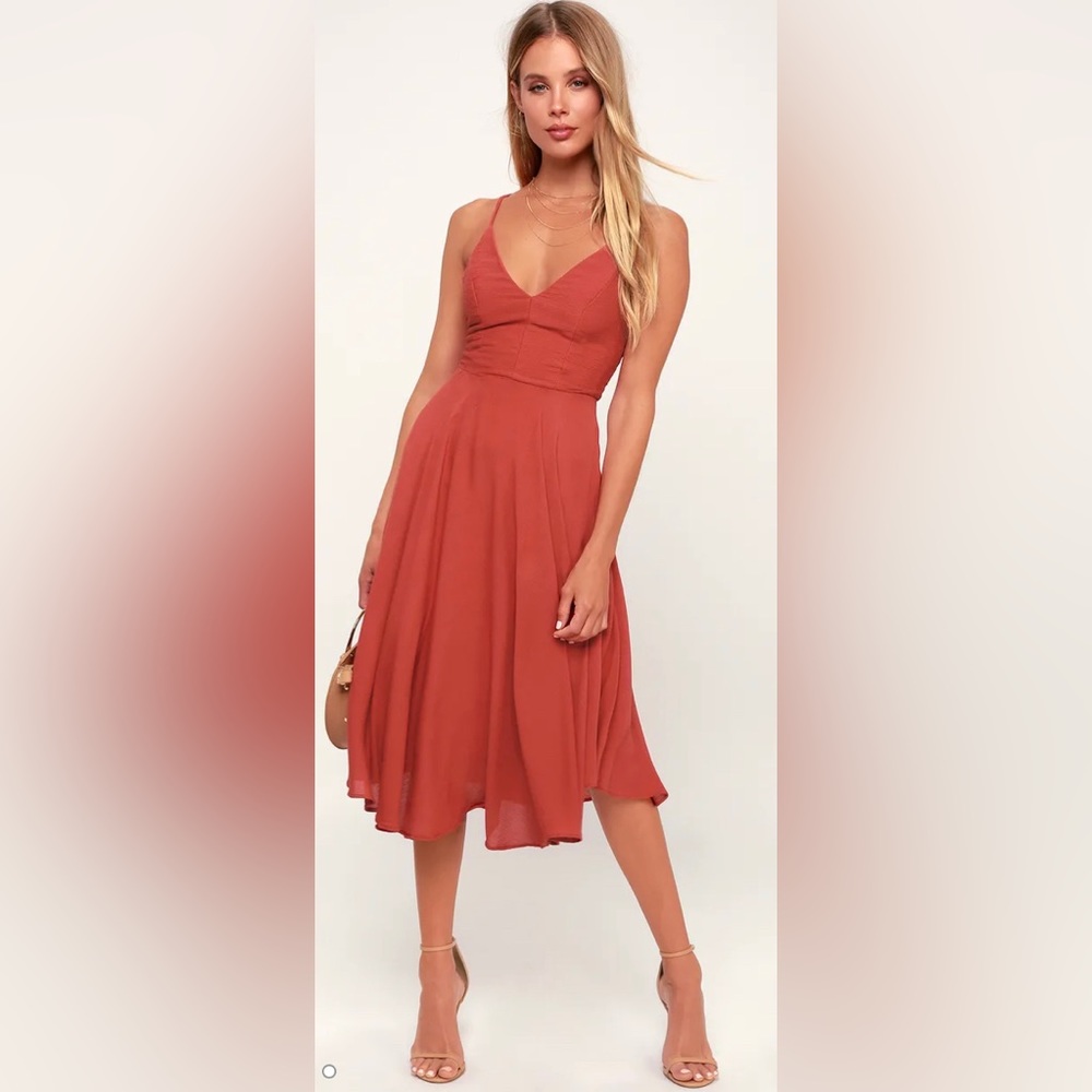 Lulu’s Troulos Rust Red Lace-up Midi Dress (Medium)